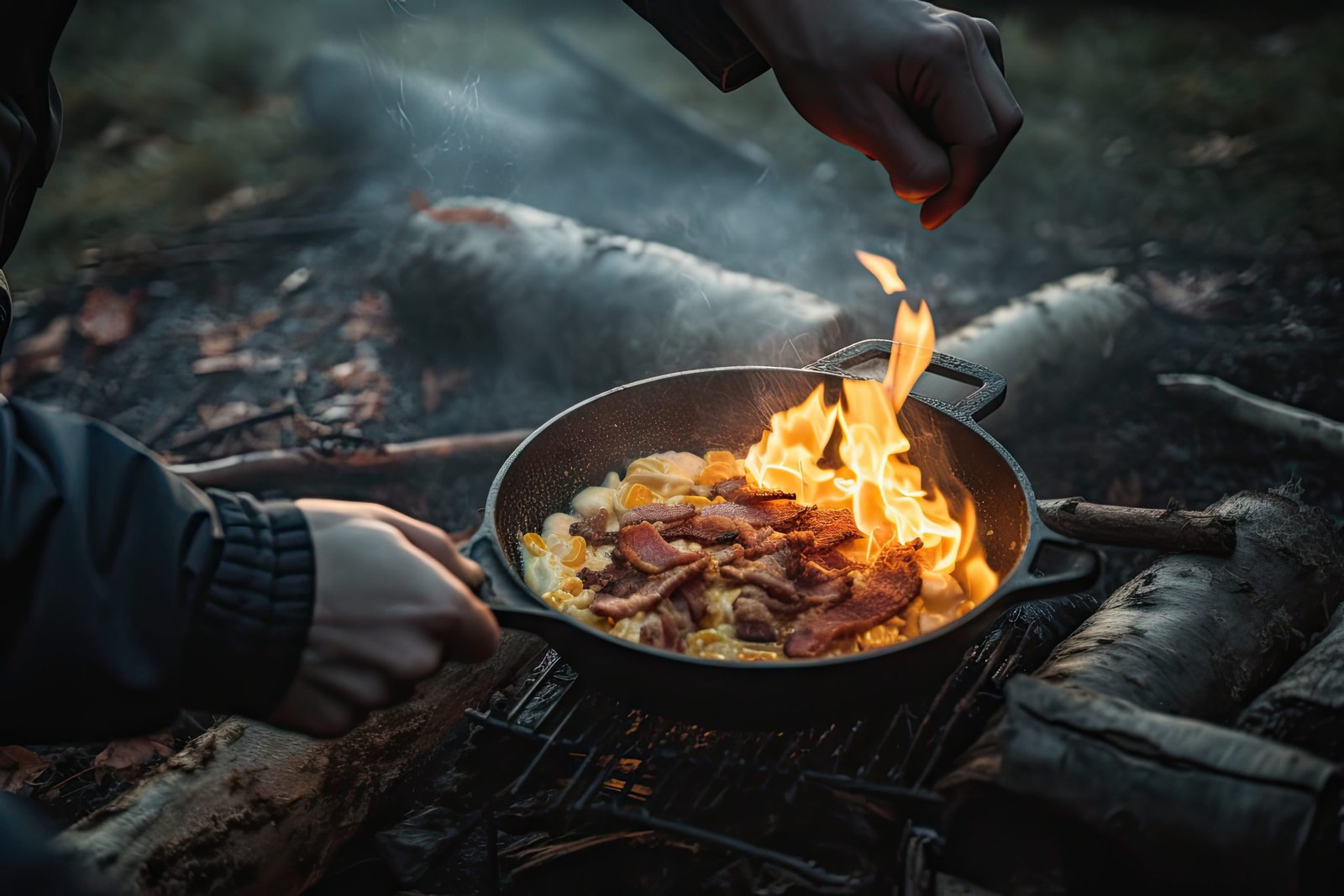 backpacker che cucina la colazione con uova strapazzate e pancetta sulla fiamma libera - KitchenGuidePro zaino in spalla che cucina la colazione a base di uova strapazzate e pancetta a fuoco vivo