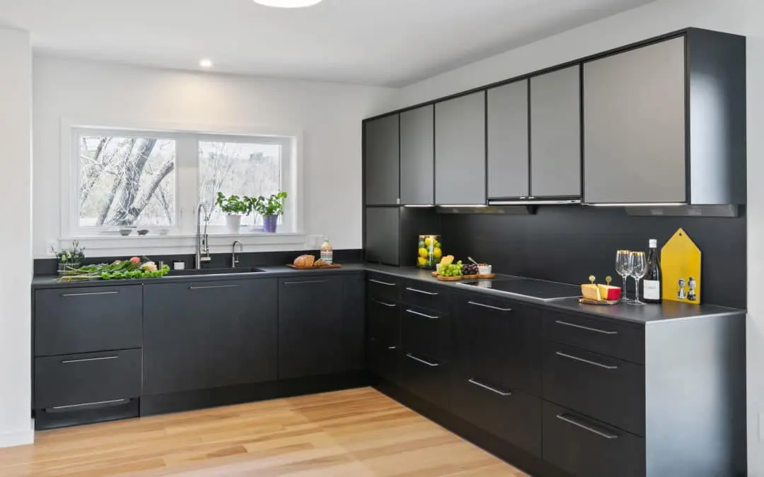 Modern kitchen with particle board cabinets in sleek black finish
