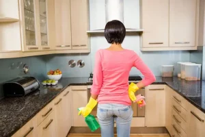 una mujer se prepara para limpiar el mueble de la cocina una mujer se prepara para limpiar el mueble de la cocina
